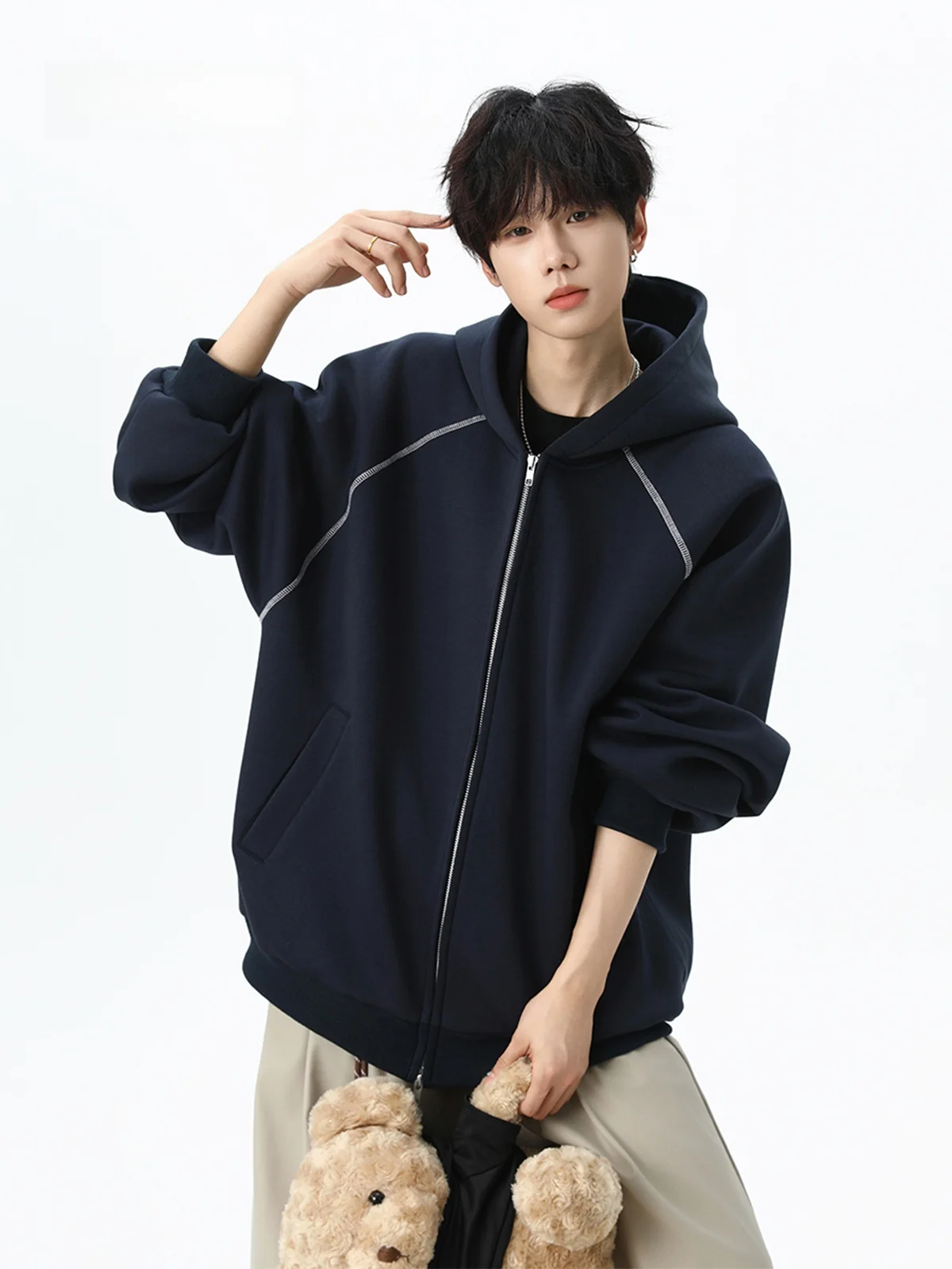 

Trendy Men's Open Cardigan Hoodie Loose Splice Casual Jaet Winter Streetwear Versatile Couple's American Sle Loose Fit