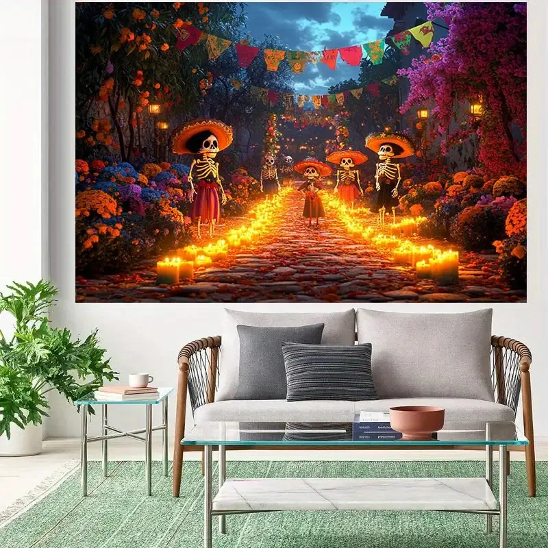 1pc Mexican Day of the Dead background cloth with skeletons, flower patterns and Paper Cuttings - colorful party decorations view 3
