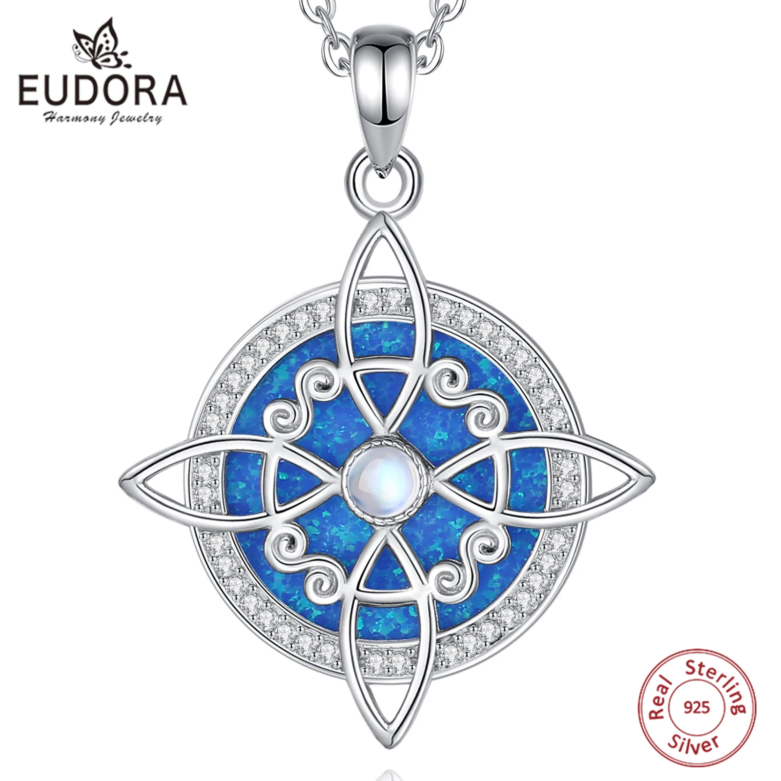 Eudora 925 Sterling Silver Witch Celtic Knot Necklace for Men Women Opal Moonston Witchcraft Amulet Necklaces Wicca Jewelry Gift