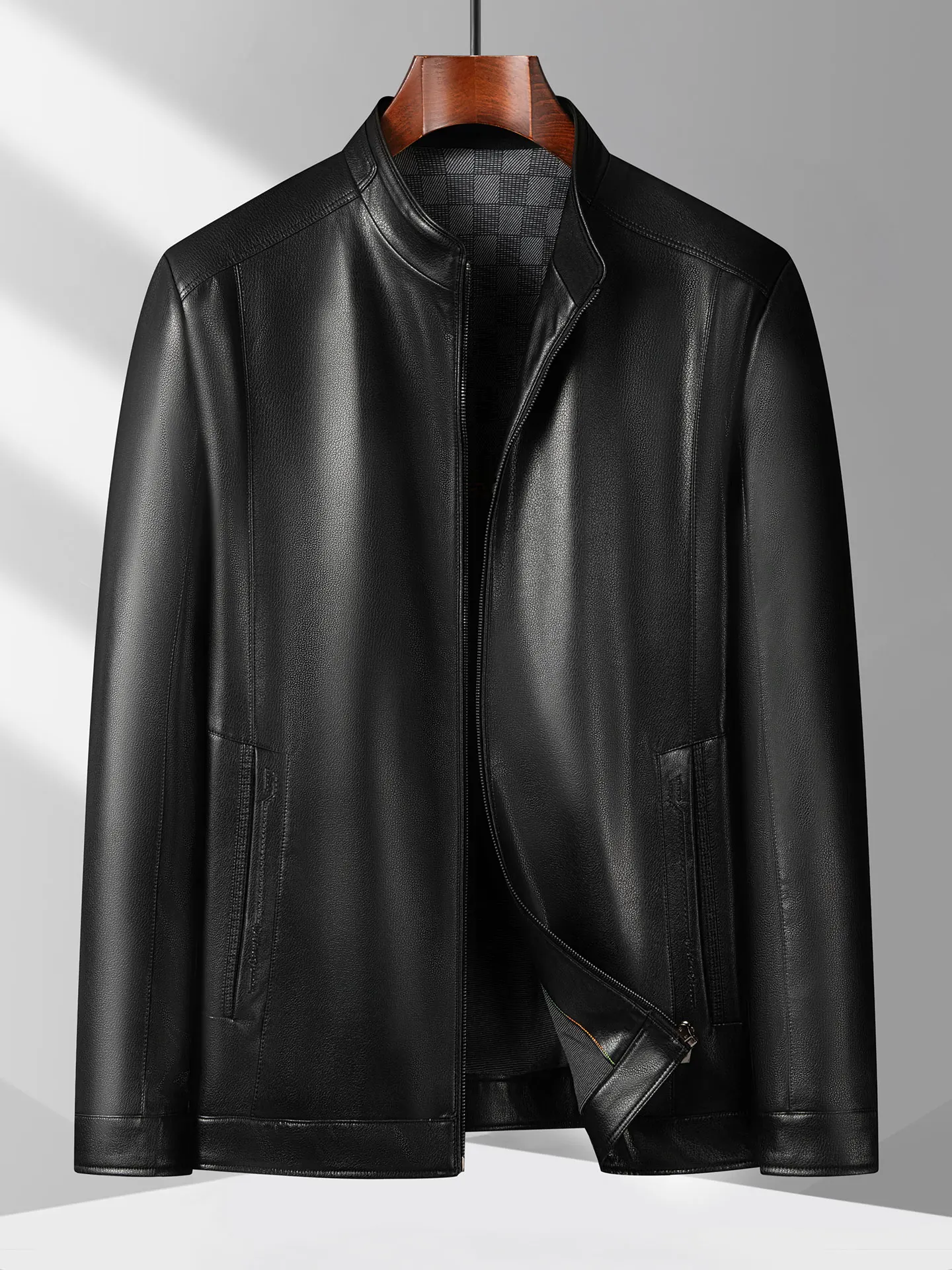 

Loose Fit Men's Leather Jaet Stand Collar plus Size for Heavy Men 200-280 Pou Faionable Urban Casual Busin Sle