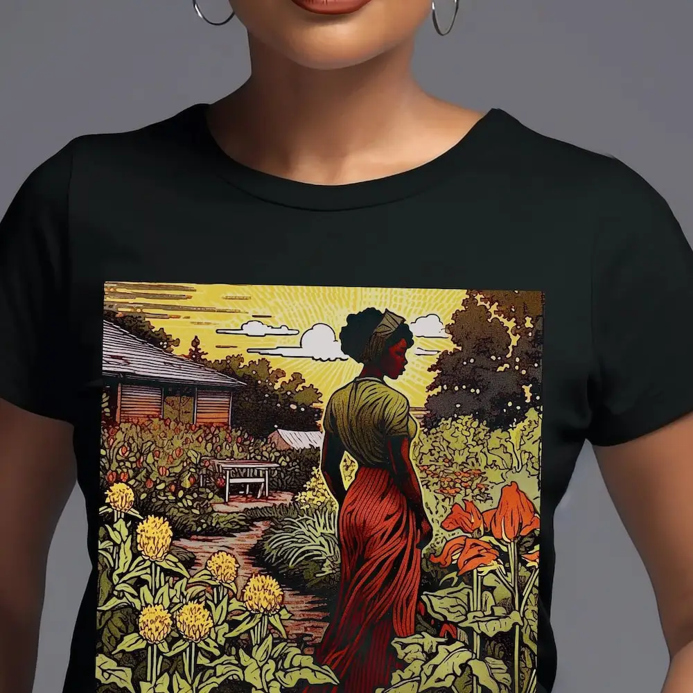 Woman In Garden T Shirt Afro Vintage Retro Illustration Black Girls Plant Floral Design Old School Melanin Green Thumb