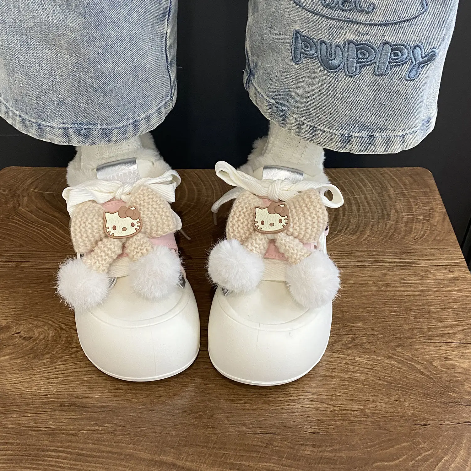 Hello Kitty Cotton-padded Shoe Sanrio Original Bow Add Velvet Keep Warm Puff Shoe Thick Bottom Versatile Dopamine Shoe New 2024