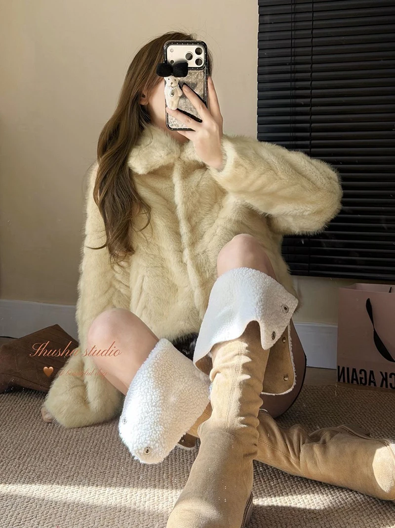 Chic Cream Women Faux Fur Jacket Lapel Collar Button Down Coat Long Sleeve Cropped Loose Luxury Cozy Winter Outerwear Top