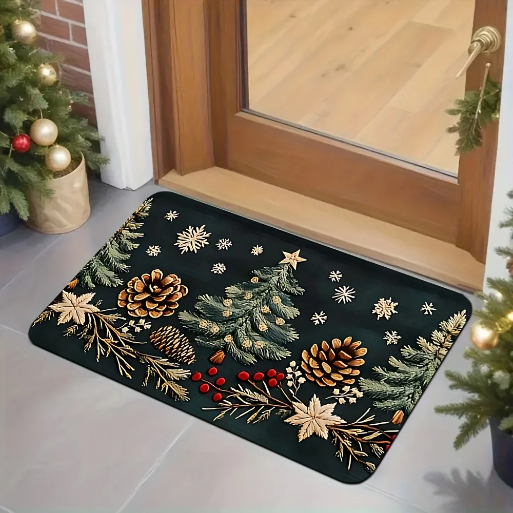 1pc Christmas Doormat - Elegant Black & Golden Winter Snowflake, Pine Tree, Holly Berry Design - Soft Flannel Mat for Entryway
