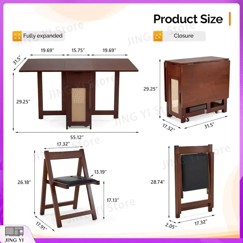 5 Piece Folding Dining Table Set Extendable Drop Leaf Solid Wood Table with 4 Chairs Drawers Wheels Adjustable Height Home