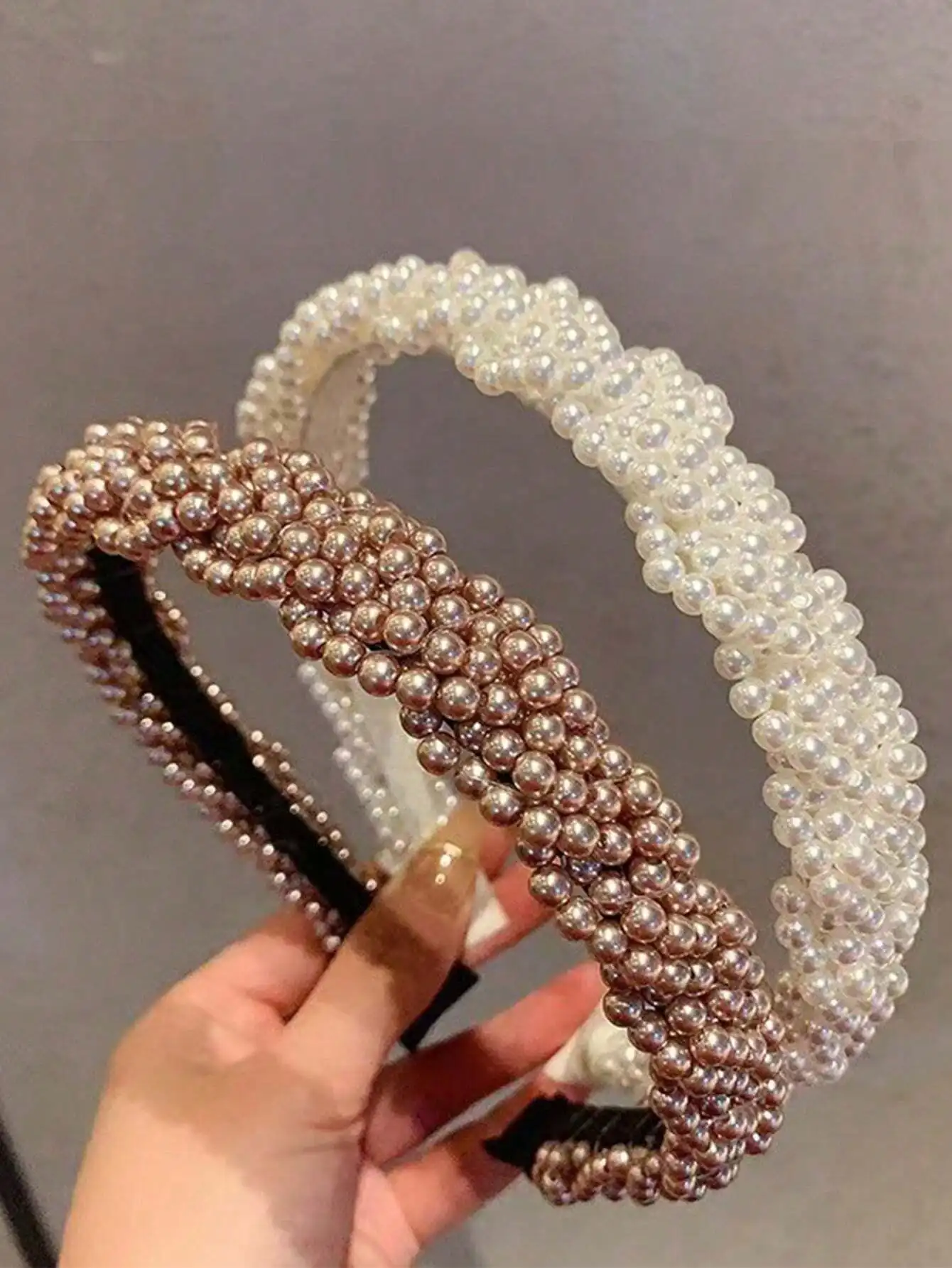 

2-Pack Faux Pearl Headbands for Women, Elegant Layered Beaded Hair Hoops in White & Rose Gold