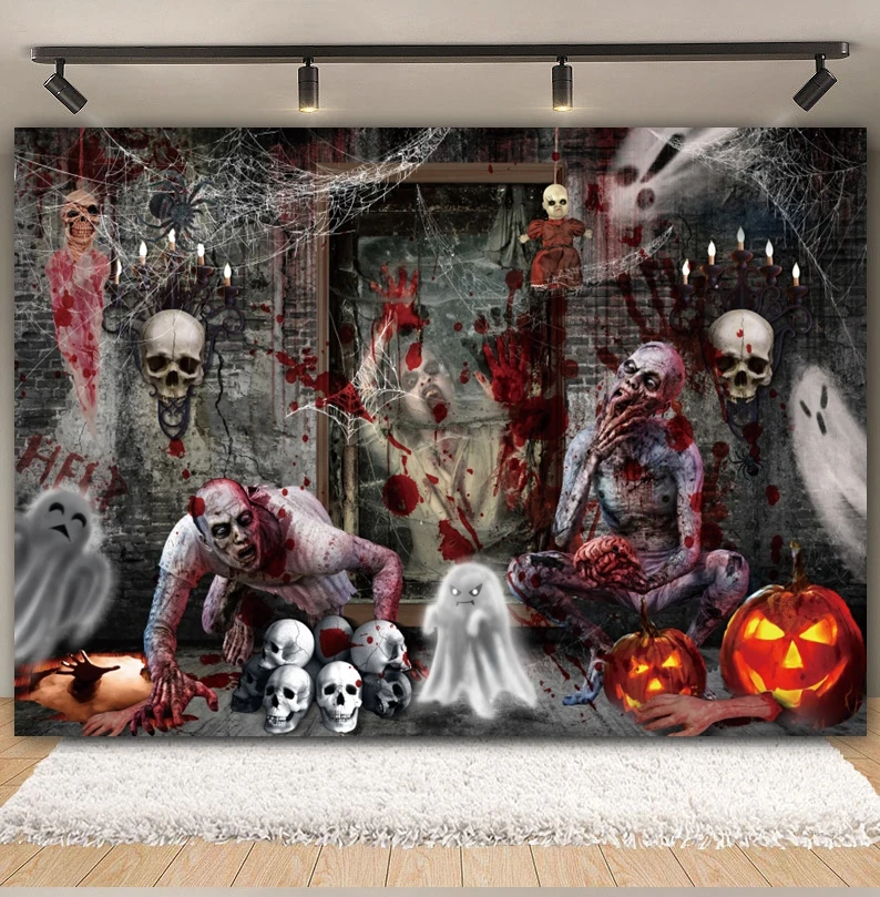 Halloween Backdrop Scary Night Haunted House Horror Cemetery Zombie Skull Ghost Bloody Wall Baby Portrait Photography Background