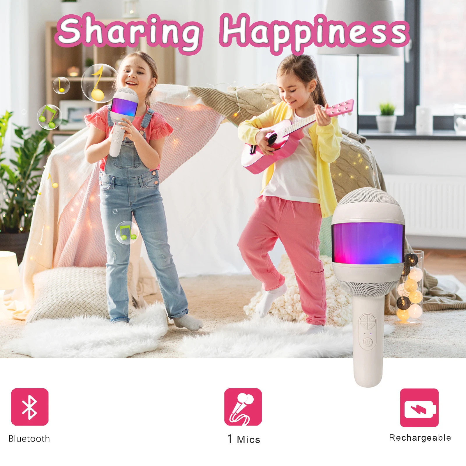 Microphone for Kids Singing 5 in 1 Wireless Bluetooth Microphone with LED Lights Machine Portable Mic Speaker Kids Gifts