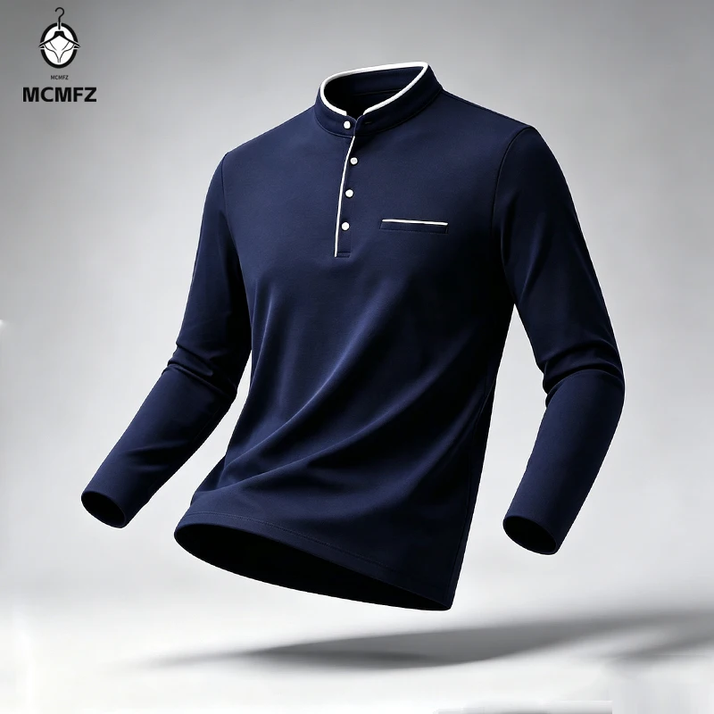 Mens Mandarin Collar Long Sleeve Tee Breathable Stretch Fabric Half Placket Casual Office Wear Basic Shirts