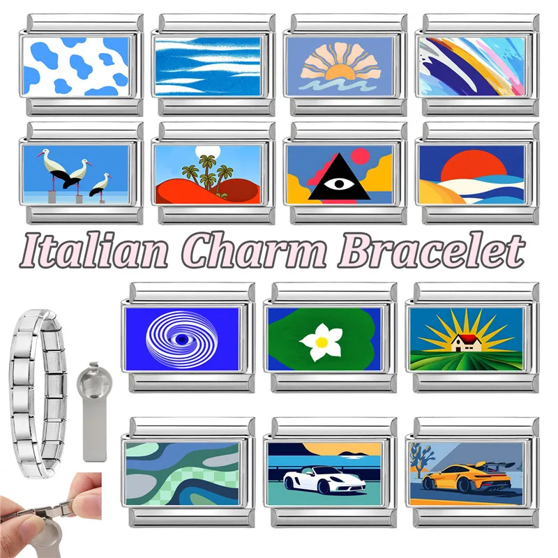 Sky House-abalorio italiano con hojas de hierba, sol, flor, azul, verde, compatible con pulsera de acero inoxidable de 9mm, joyería para mujer, regalos DIY