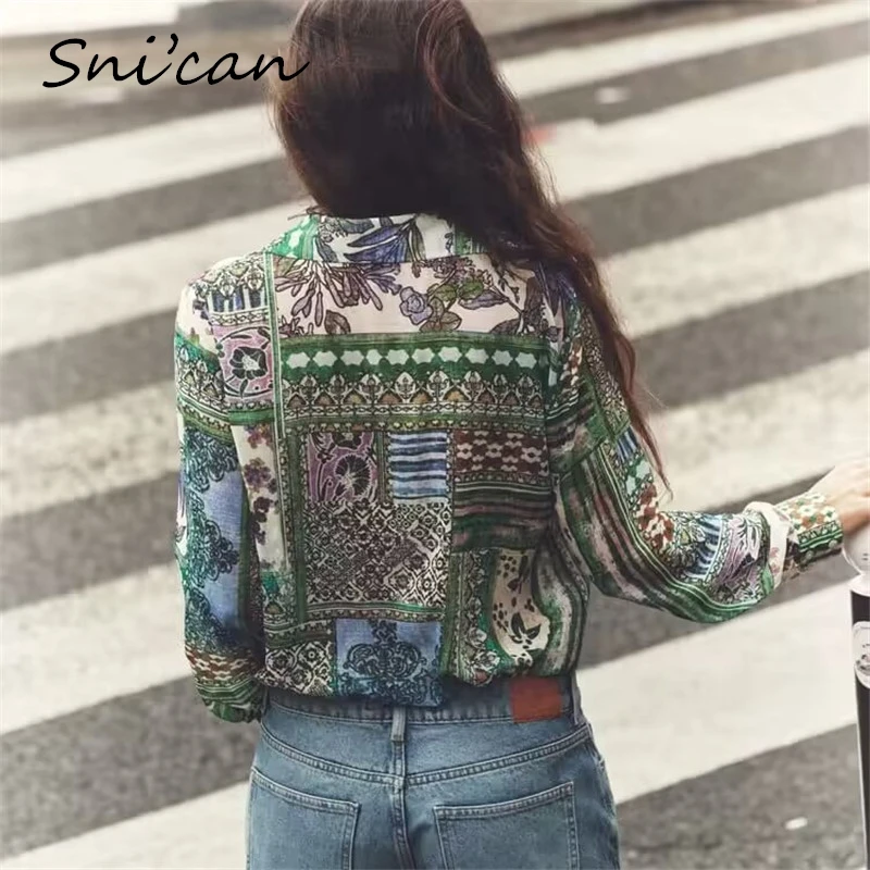 Green Flower Paisley Print Women Blouse Oversize Casual Ladies Shirts Female Chic Tops Outwear Blusas Mujer Blusas Muje New