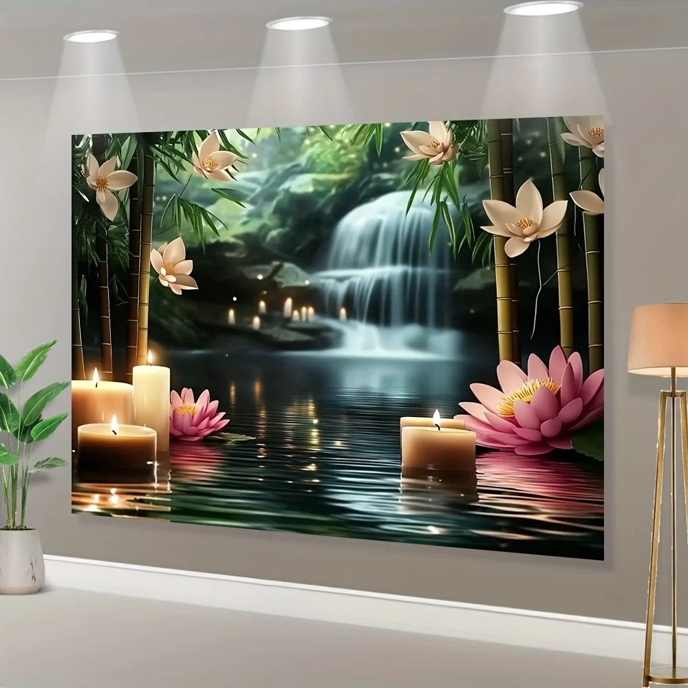 Soothing Waterfall Tapestry with Lotus Flowers and Bamboo, Perfect for Adding a Zen and Tranquil Touch to Any Room or Yoga