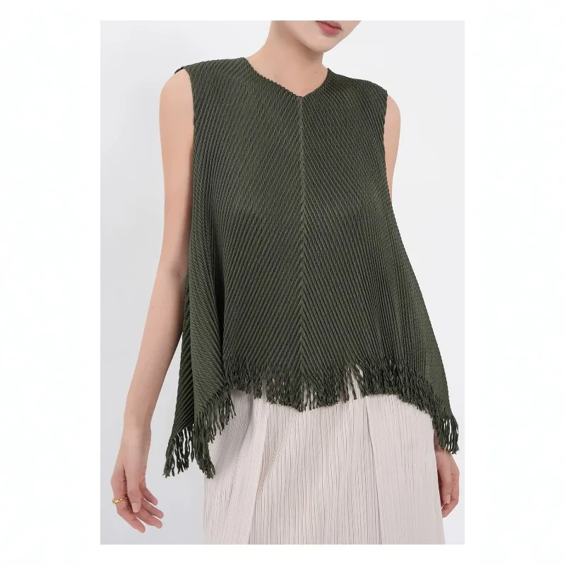 Miyake Pleated T-Shirt 2026 Summer New Round Neck Solid Color Fish Scale Pleats Hem Fringe Top Casual Simple Versatile T-Shirt