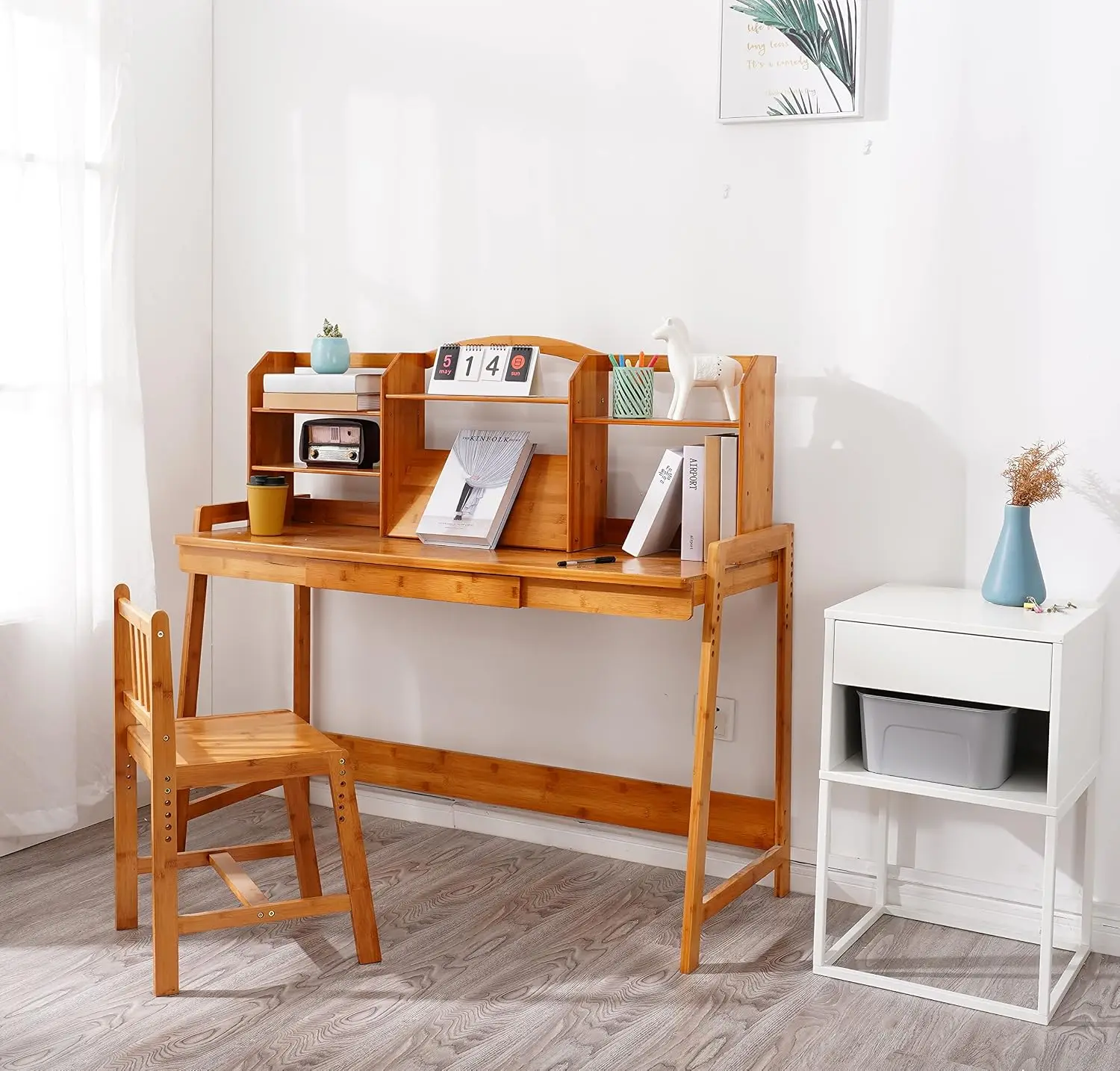 Height Adjustable Bamboo Kids Desk & Chair Set with Storage Hutch Bookshelf Easy-Clean Surface for Study Writing, Customized