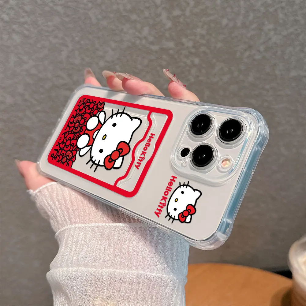 Cartoon Hello Kitty Hot New Red Card Hold Case For iPhone 15 14 13 12 11 Mini Pro Max X XR XSMax 7 8 Plus Anti-fall Clear Cover