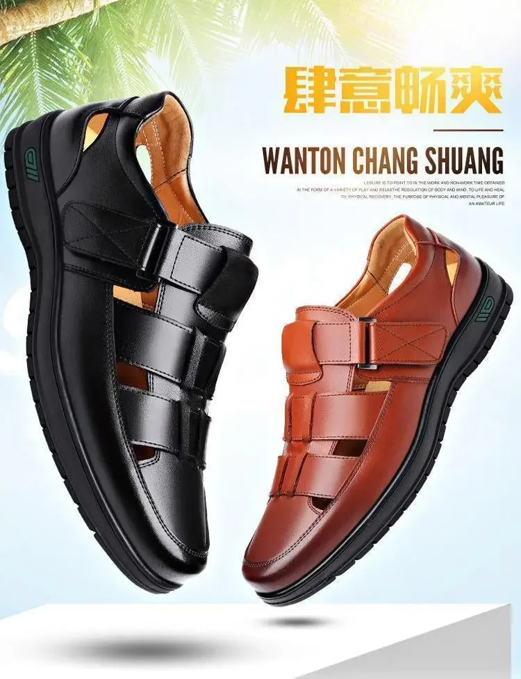 2024 Summer Hollow Leather Shoes Men\'s Casual Sandals Breathable Hole Shoes Sandals Men Shoes Sandals