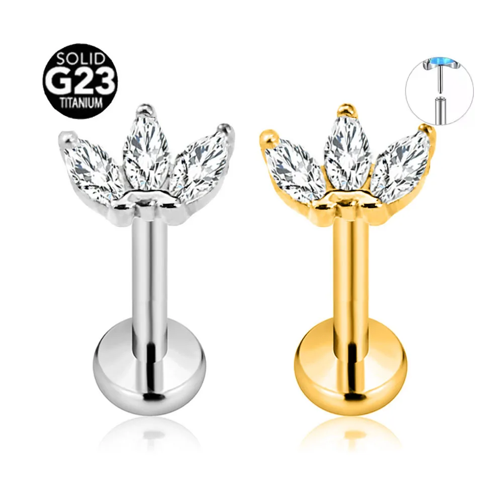 ASTM F136 G23 pétales de fleurs en titane Piercing sans fil Daith Conch Tragus dos plat boucle d'oreille broche Push in lèvre Stud 16G 18G 20G