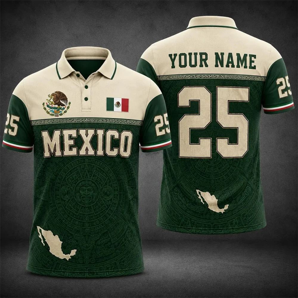 Personalized Mexico Flag Polo Shirt Custom Name Number Print Short Sleeve Tops For Football Fan Daily Holiday Casual Sports Tee view 3