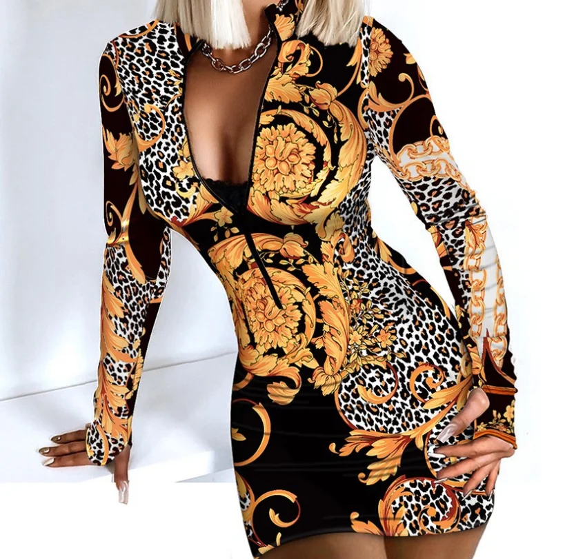 Primavera Verano nuevo V-ne cremallera leopardo a cuadros Slim Fit envolvente alrededor de largo Sve Dr mujeres calle Sle estampado Floral en forma de H