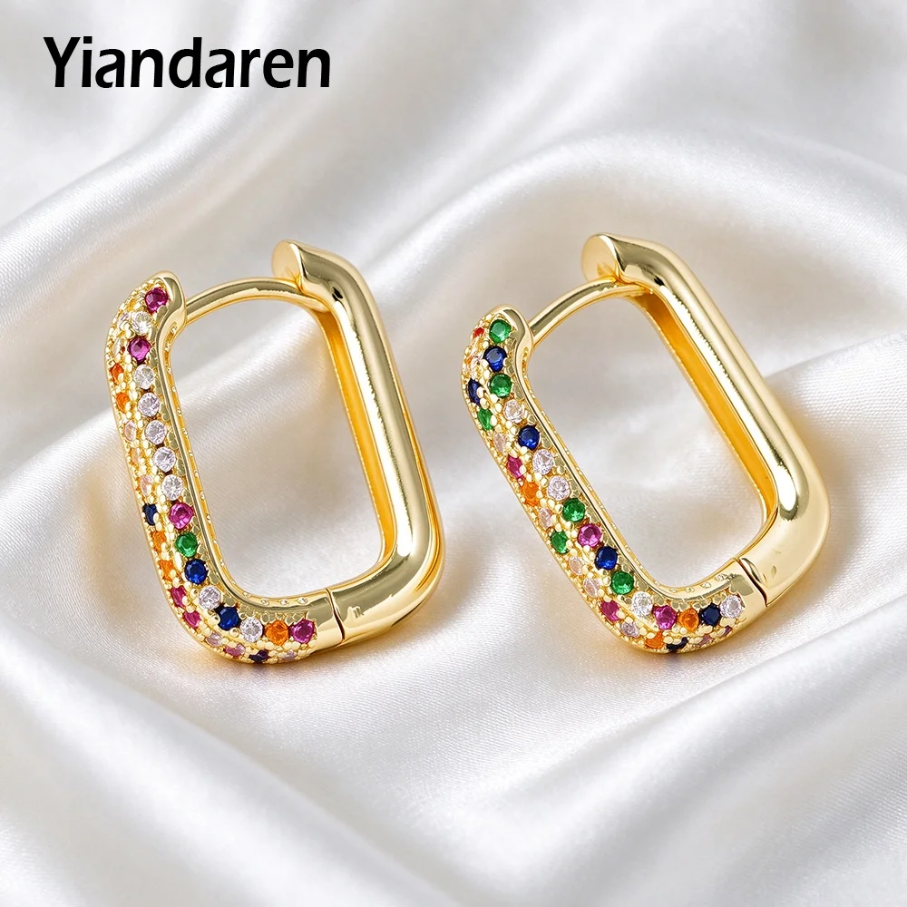 Rhodium Plated Square Huggie Hoop Earrings for Women Multicolor Cubic Zirconia Rainbow Circle Ear Buckle  Party Jewelry Gift
