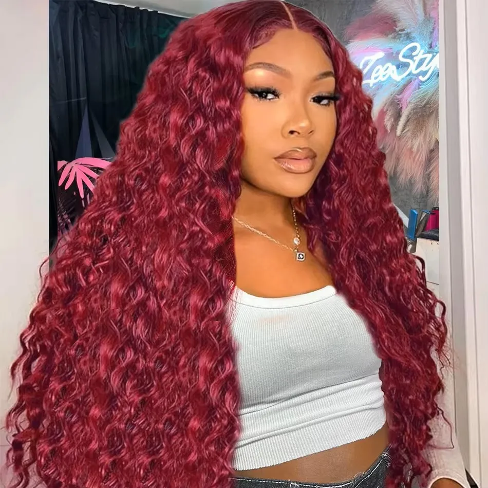 Perruque Lace Front Wig Deep Wave Naturelle, Cheveux Humains, Bordeaux 99J, 13x6, 13x4, Densité 200, Vin Transparent HD, 34 36 Pouces, pour Femme