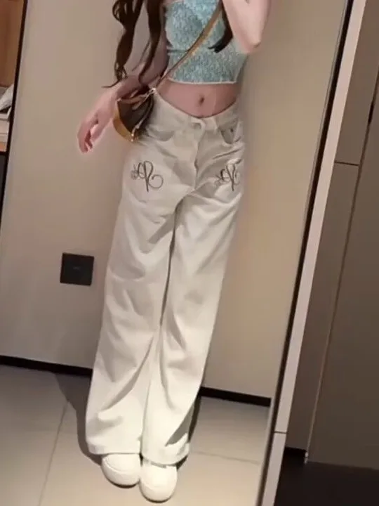 Retro American Embroidered Letter White Jeans Loose All-Match Straight Leg Casual Long Pants Women's Denim Jeans Natural Waist
