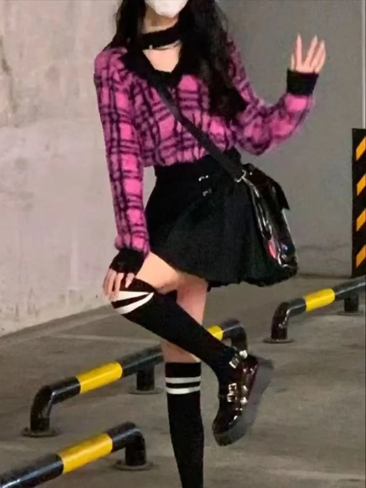 

Pullovers Women Plaid Daily Sexy Designer Students Sweater Loose Kawaii V-neck Autumn Comfortable Korean Style Girlish All-match