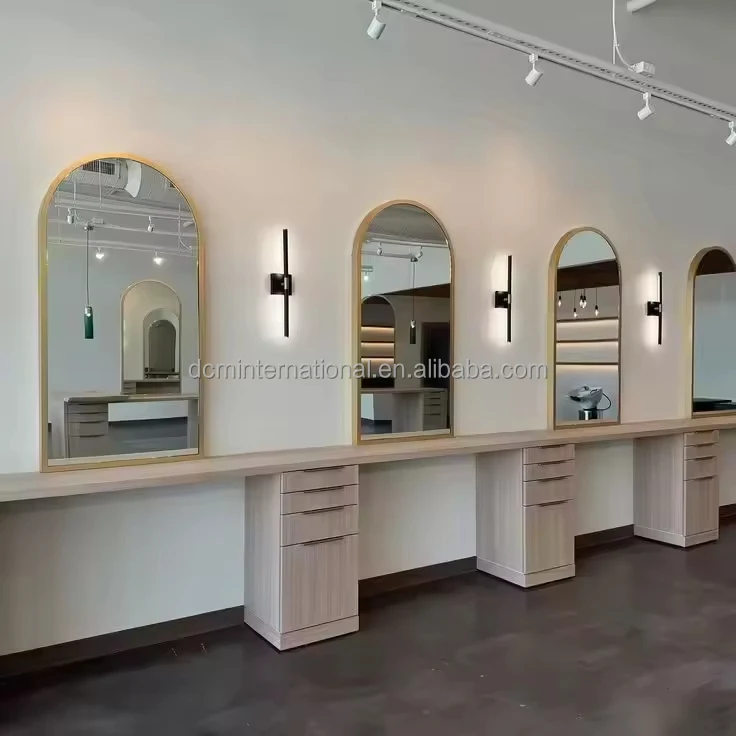 Customized Wood Hairdressing Salon Furniture Double Sided Gold Frame Salon Mirror Station With Table