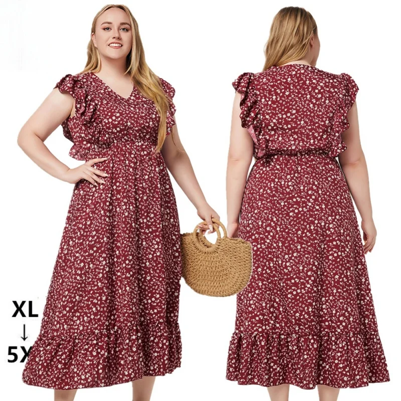 

2024 European and American plus Size Women's Clothes Summer New Bohemian V Collar Short Sleeve Ruffled Printed Pocket Dress