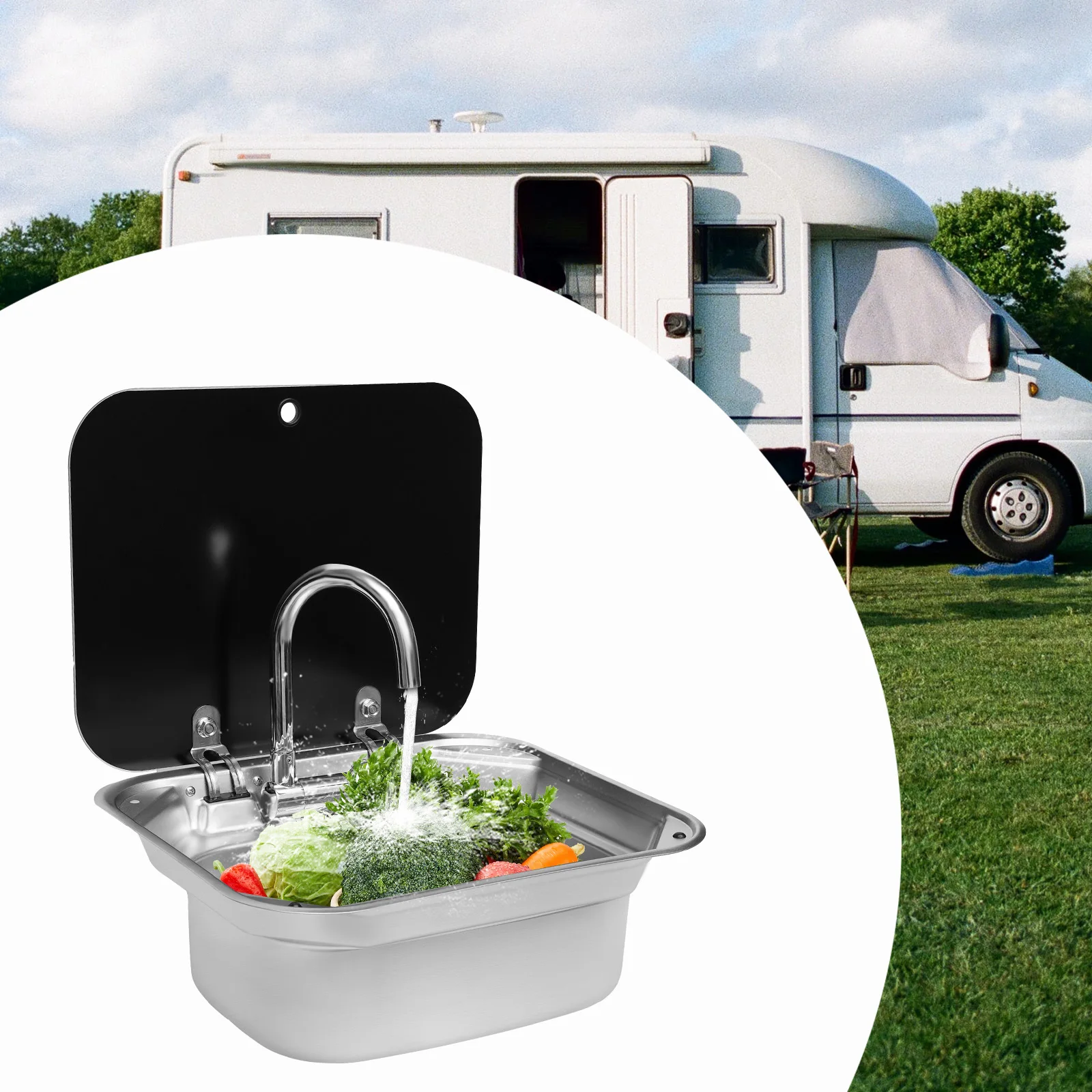 RV Caravan or Boat Stainless Steel Hand Wash Basin Sink with Folded Faucet Tempered Glass Lid Van Camper Trailer Accessories