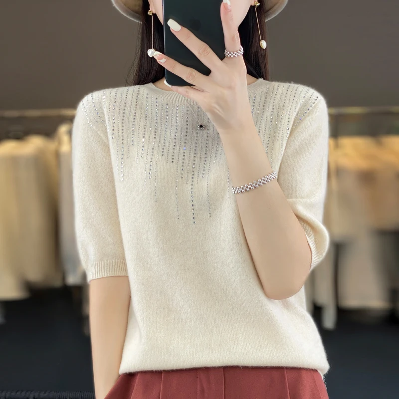 

Pure wool five-point sleeve knit top round neck short loose diamond-encrusted wild short sleeve T-shirt sweater