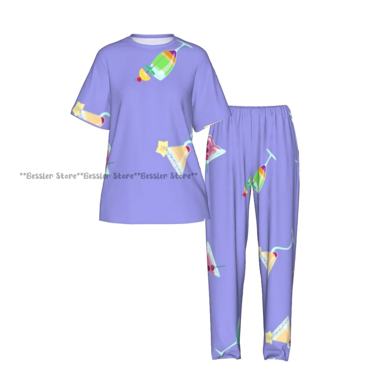 Women's Cocktail Drinks Pattern short sleeve trousers casual pajamas set
