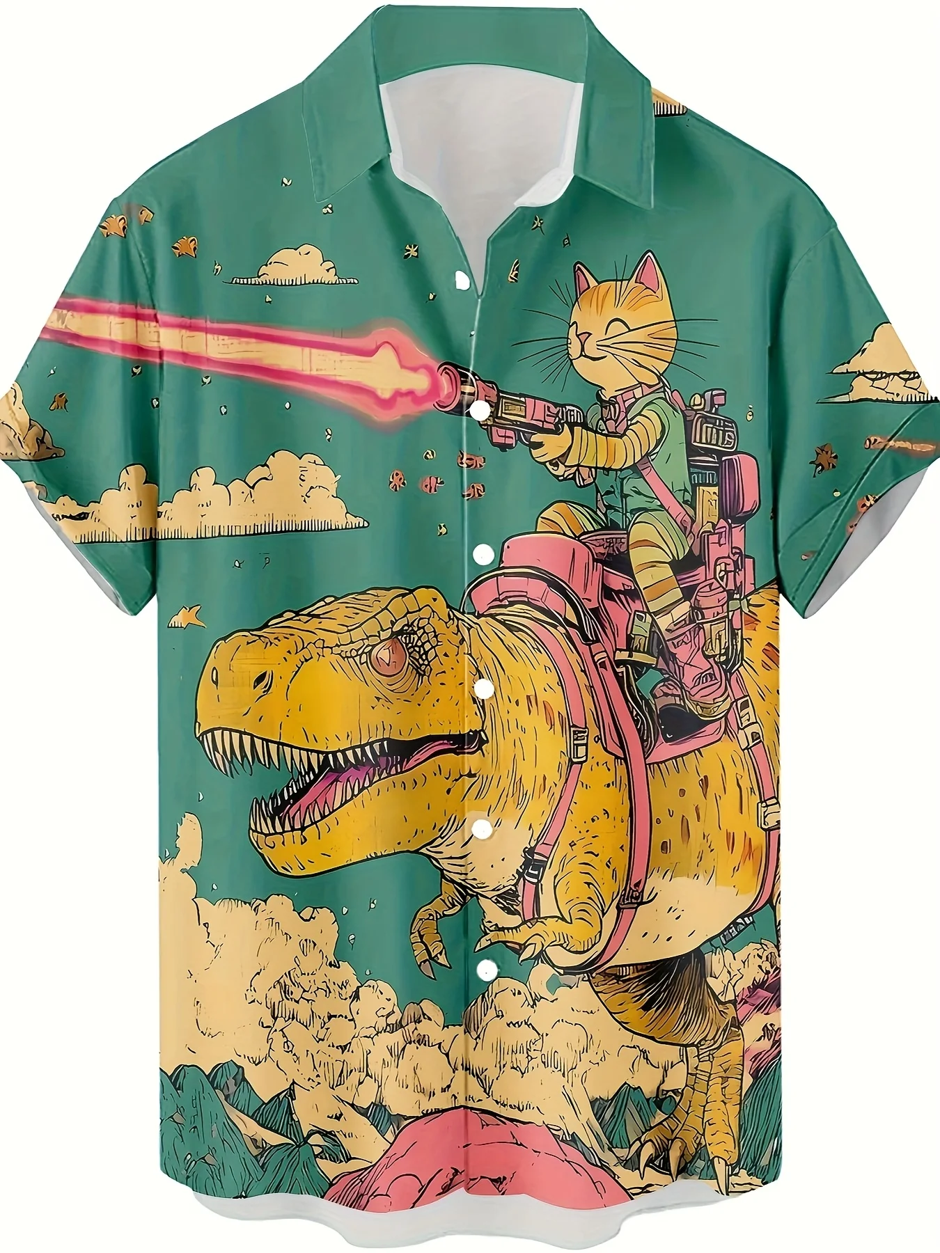 Men's Funny Cat Dinosaur Print Short Sleeve Shirt Casual Hawaiian Style Button Down Shirts For Men Beach Vacation Streetwear