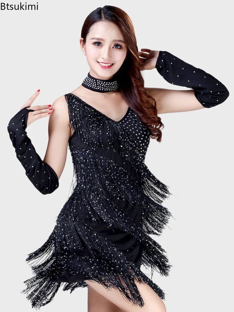 

New Women's Latin Dance Tassel Skirt Strap Skirt Stage Competition Dress Dance Practice Performance Dress Team Stage Dance Dress