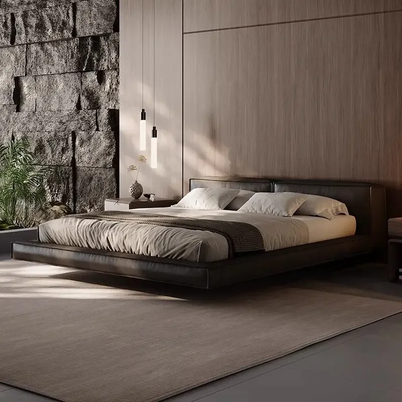 180x200cm King Genuine Leather Double Bed Bed Bottom With Induction Light Queen Size Bed Frame Letto Matrimoniale Furniture