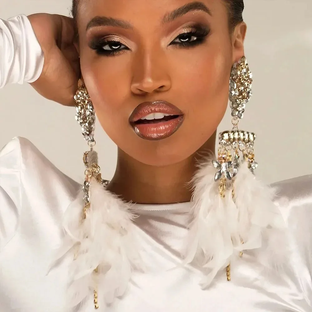 Fashion White Feather Exaggerate Earrings Tassel Wedding for Women Boho Jewelry Sparkly Large Rhinestone Earrings Free Shipping