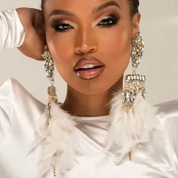 Fashion White Feather Exaggerate Earrings Tassel Wedding for Women Boho Jewelry Sparkly Large Rhinestone Earrings Free Shipping