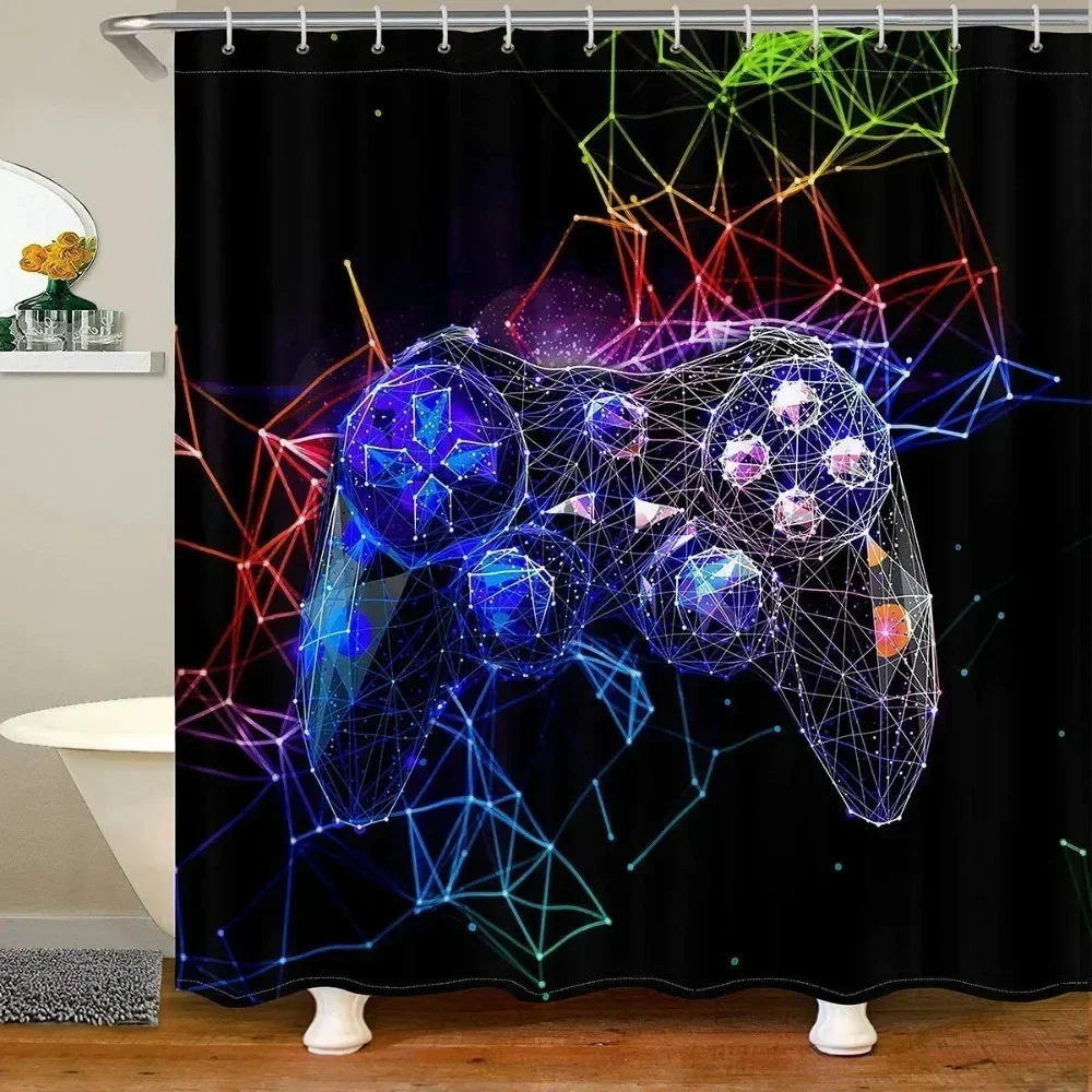Modern Gamer Shower Curtain Video Game Controller Bath Curtain Room Decor Bright Colorful Geometry Waterproof Bathroom Curtains