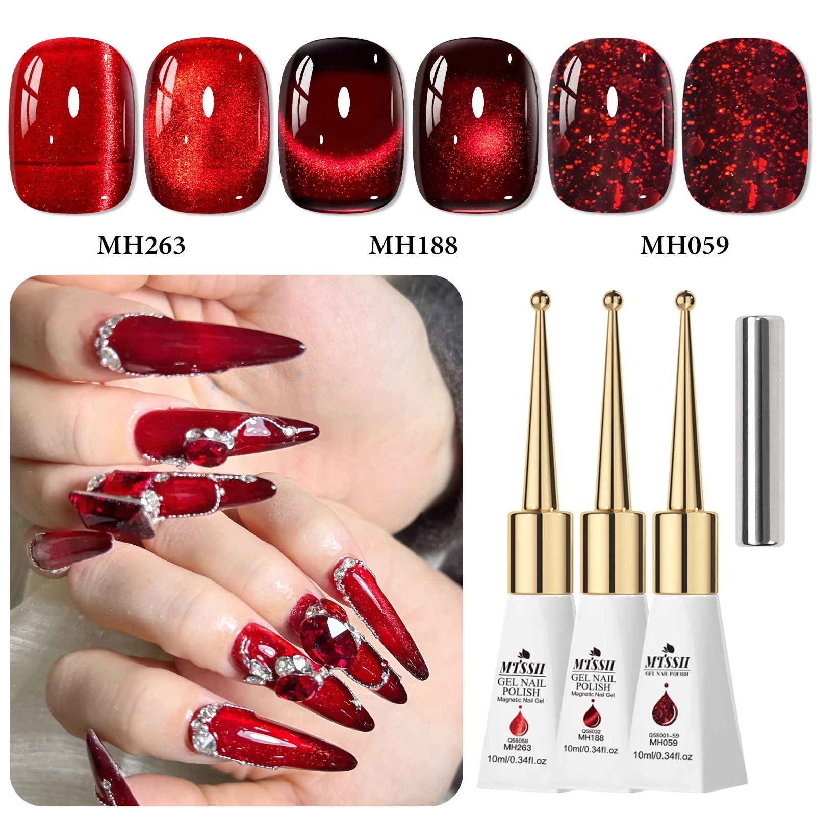 4Pcs/Set 10ml Red Cat Eye Magnetic Gel Nail Polish Set Sparkling Glitter Magnetic Nail Gel Soak Off UV LED Gel for Christmas