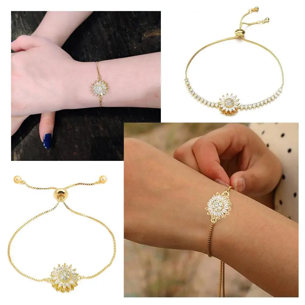Vintage Sun Zirconia Bracelets For Women Gold Color Stainless Steel Sunflower Cuff Bracelet Fashion Girls Jewelry Accessori F5Y4