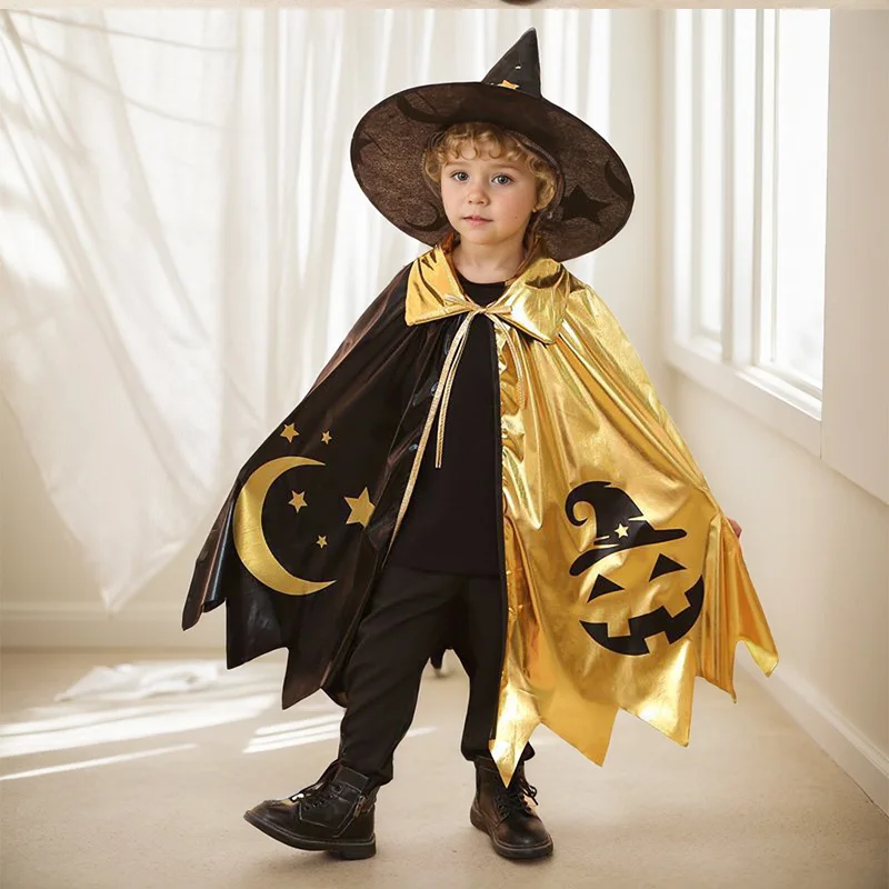 Capa infantil de Halloween estrela bruxa vestido mágico conjunto de capa impressa com chapéu para meninos e meninas