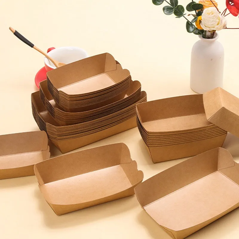 100pcs Folding Kraft Paper Boat Shaped Trays Packing Box Holiday Disposable Plates Sushi Food Serving Boats