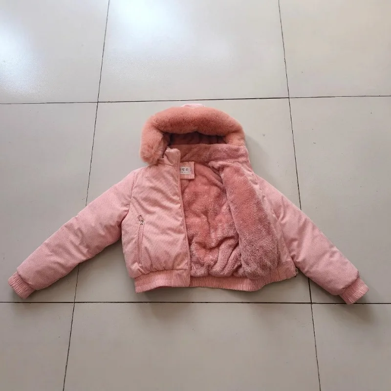 Trend Women's Winter Jacket Fleece Lined Fur Collar Hooded Warm Parka Short Coat Zipper Long Sleeve Windproof Outerwear New