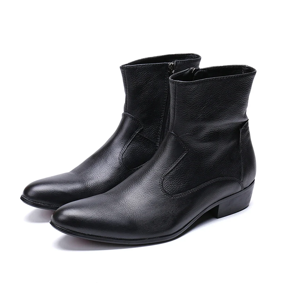 

Black Zipper Genuine Leather Thick High Heels Pointed Toe Boots Male Plus Size Party British Style Wedding For Men Dress Shoe