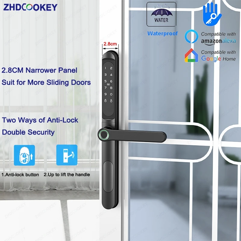 

2.8CM Narrower Sliding Door Smart Lock Waterproof TTLock Fingerprint RFID Card Password Mechanical Anti-Lock Aluminum Door Locks