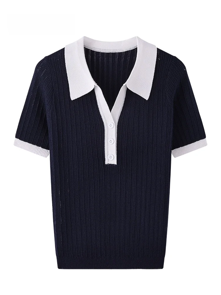 

JZZDEMM Color Blo f Open Ne ort Sve Knitted Top Faionable Vertical Stripe Hollow out Summer Regular Fit Wo...