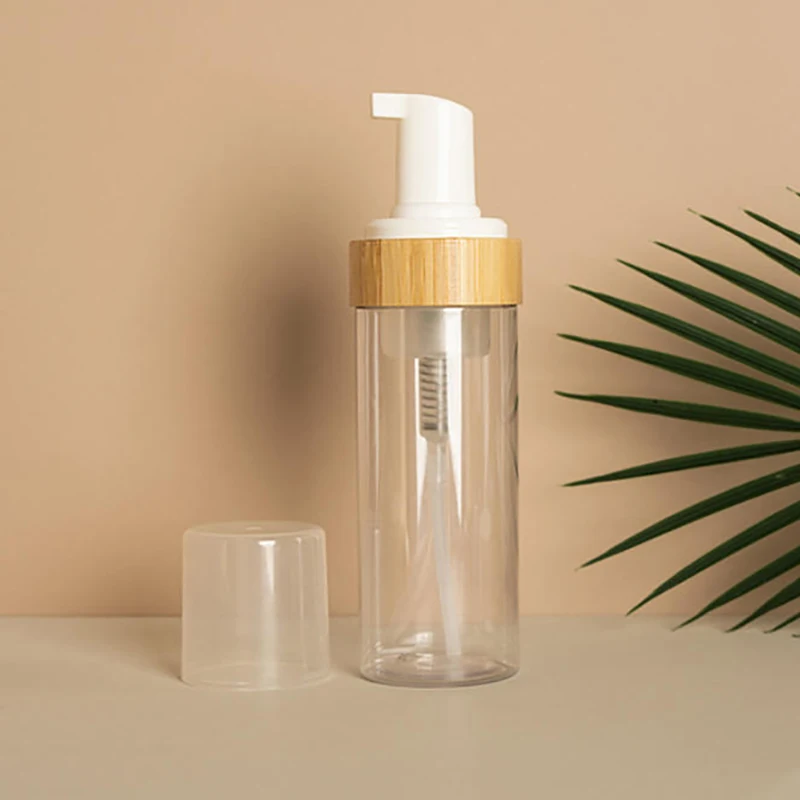 Botella con bomba de espuma de bambú de tamaño de viaje, 150ml, para limpiador facial, champú, jabón, desinfectante de manos, dispensador cosmético recargable
