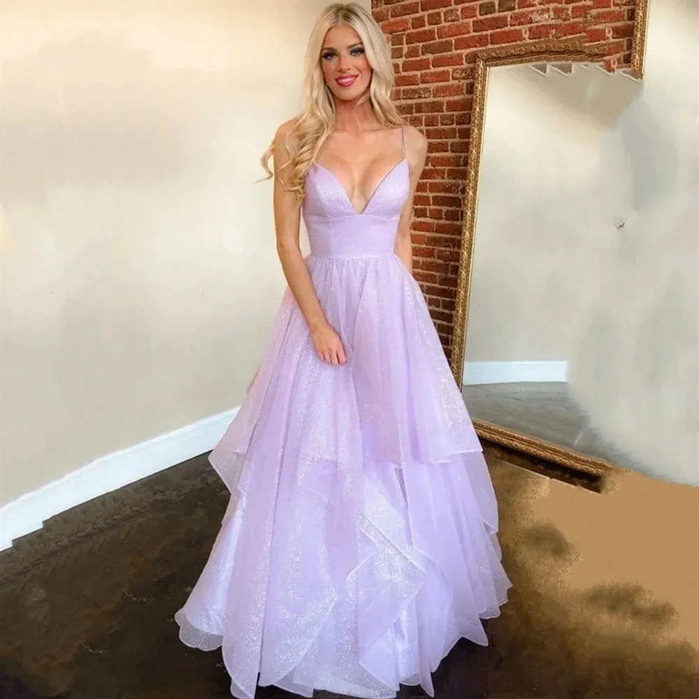 Hot selling Fashion A-Line V-neck Italian Strap Ball Dress 2024 Ruffled glitter tulle Formal Party Homecoming evening dress