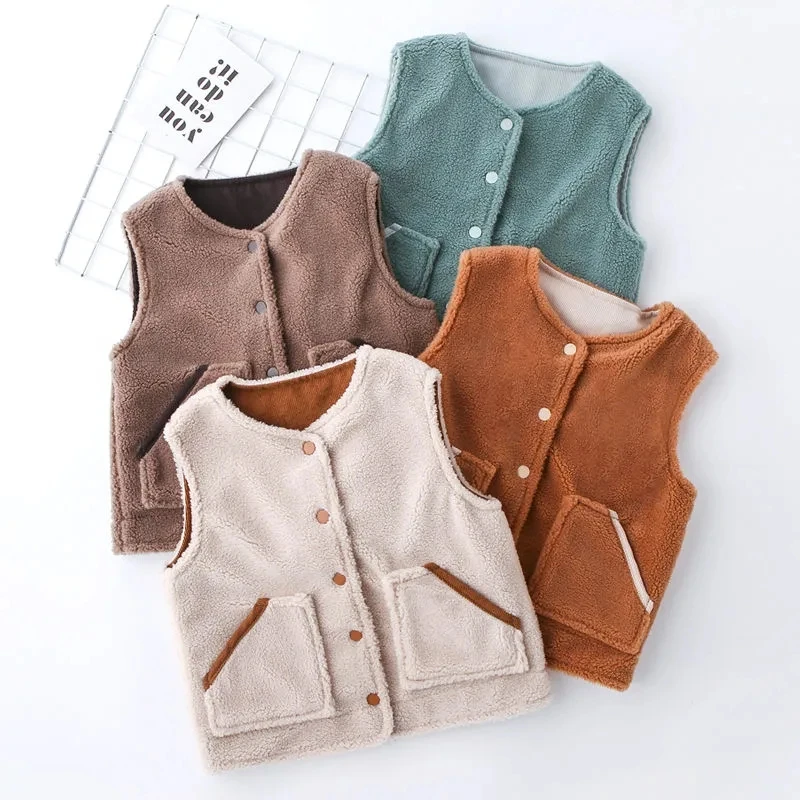 Corduroy Fabric Polar Fleece Double Sided Children's Vest Autumn Winter Thicken Boys Girls Vest V-neck Baby Outwear Waistcoat