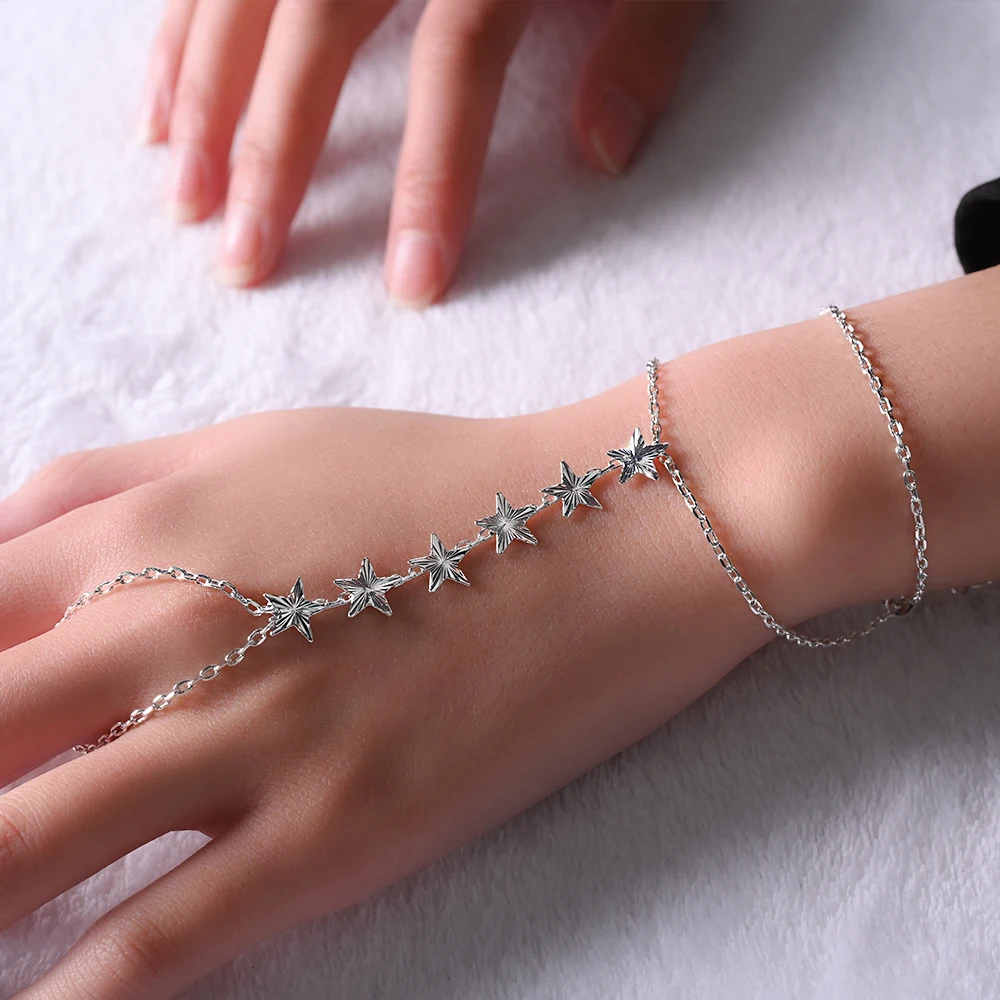 Stonefans Sparkling Star Chain Bracelet Finger Ring Acier Inoxydable with Stone Legant Minimalist Bracelet Luxury Engagement